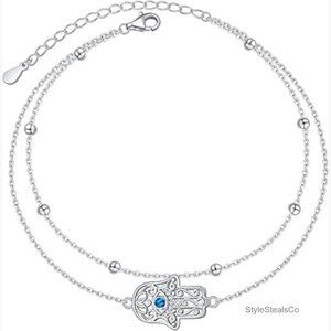 Sterling Silver Adjustable Anklet with Evil Eye Starfish Heart Bead
